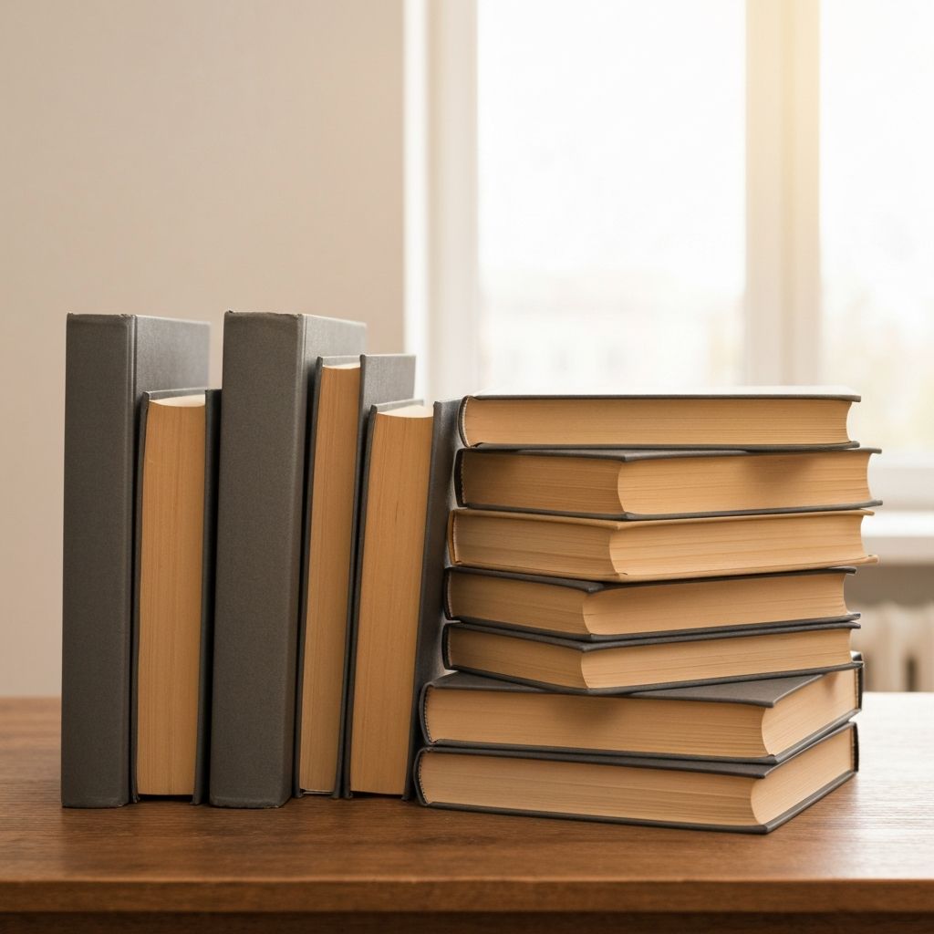 Stack of books on wooden table